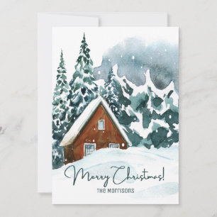 Tarjeta Festiva Clásico bosque de invierno en acuarela Feliz Navid