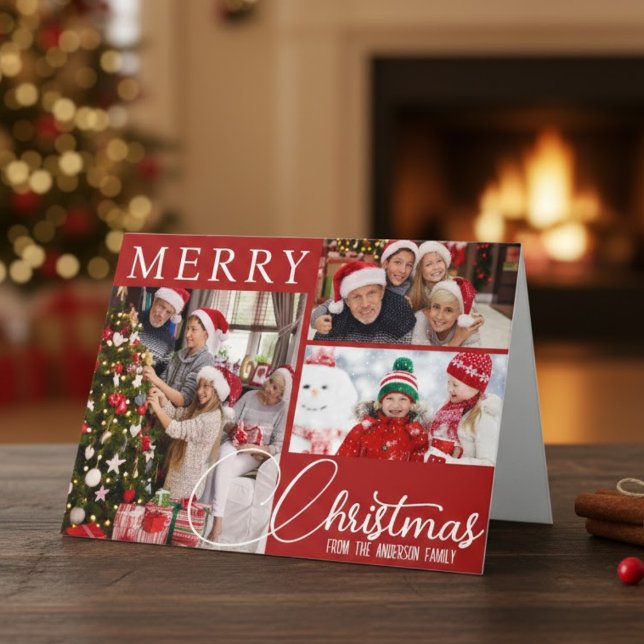 Tarjeta Festiva Clásico De Fórmula 3 De La Feria Roja Y Blanca (Red And White Merry Christmas Three Photo Classic Holiday Card)