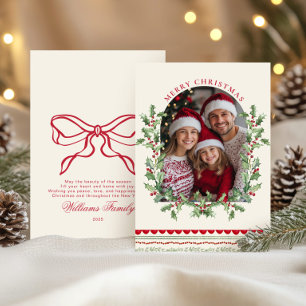 Tarjeta Festiva Clásico de Foto Familiar con Lazo Rojo Caprichoso