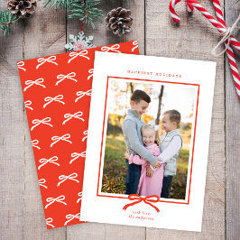 Tarjeta Festiva Clásico Elegante Moderno Rojo Bow One Photo