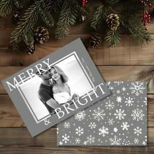 Tarjeta Festiva Clásico Foto de Copo de Nieve Audaz Plateado Merry