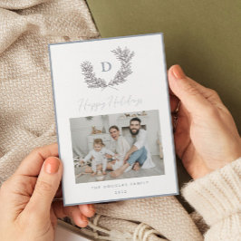 Tarjeta Festiva Clásico Foto de Cresta de Monograma Azul y Blanco