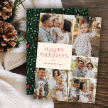 Tarjeta Festiva Clásico Happy Holidays Collage Floral | Marfil<br><div class="desc">Estas hermosas tarjetas de fotografía navideñas tienen cinco plantillas de fotos, una elegante tipografía moderna que dice "Felices Fiestas", y un patrón floral dibujado a mano en la parte posterior con colores clásicos de rojo, verde y marfil sobre un fondo verde oscuro. Fácil de personalizar para hermosas tarjetas de vacaciones...</div>