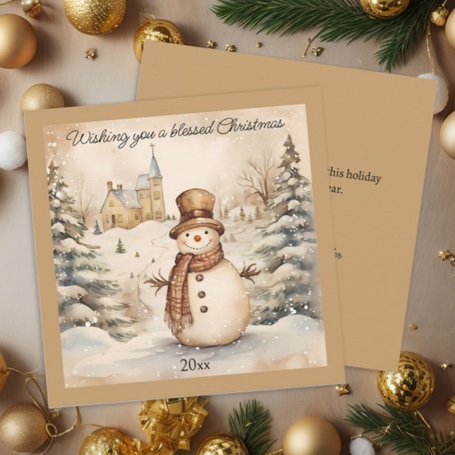 Tarjeta Festiva Clásico hombre de nieve Iglesia antigua Bendita Na (Classic "Wishing you a blessed Christmas" snowman square Christmas greeting card)