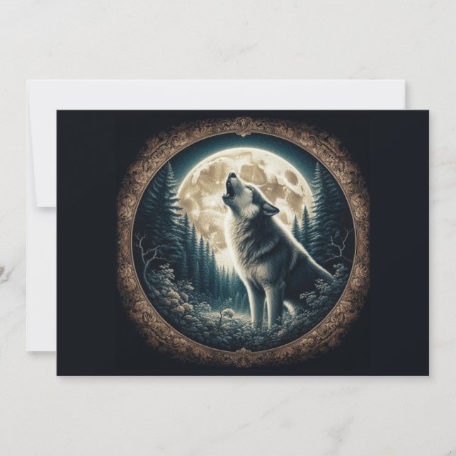 Tarjeta Festiva Clásico, lobo vintage y luna (Anverso)
