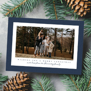 Tarjeta Festiva Clásico marco de tweed foto navideña simple navy
