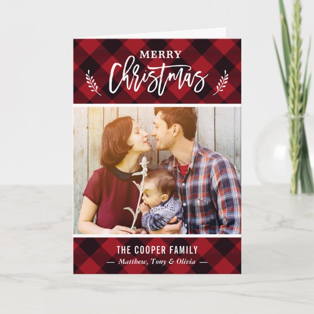 Tarjeta Festiva Clásico Red Buffalo Check Merry Christmas Photo (Anverso)