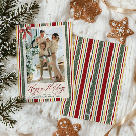 Tarjeta Festiva Clásico Red Green Stripes Bow Happy Holidays Photo
