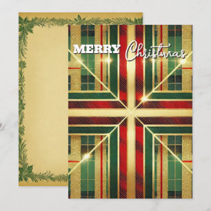 Tarjeta Festiva Clásico Red y Green Plaid Sparkling Gold Stripes
