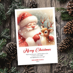 Tarjeta Festiva Clásico Santa Claus con saludo de fiesta de Rudolp