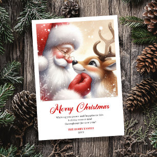 Tarjeta Festiva Clásico Santa con Rudolph saludo navideño vintage