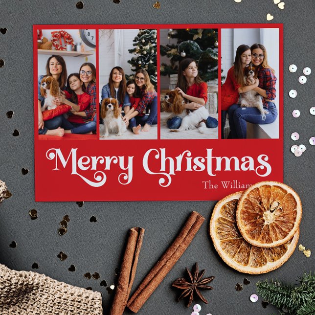 Tarjeta Festiva Clásico Simple Red Merry Christmas Four Photo (Subido por el creador)