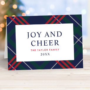 Tarjeta Festiva Clásico Tartán de Cuadros Azul Marinho Alegría y F