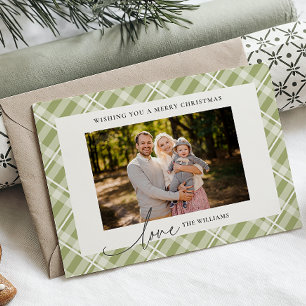 Tarjeta Festiva Clásico Tartán Verde en dos fotos Navidades