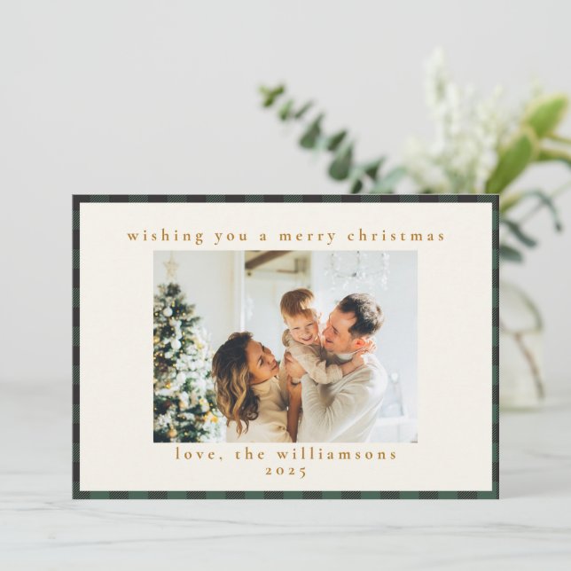 Tarjeta Festiva Clásico Verde Negro Tartán Plaid 1 Photo Merry (Anverso de pie)