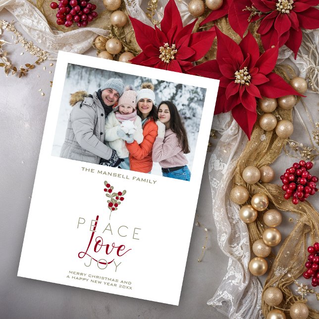 Tarjeta Festiva Clásicos Navidades Holly Brands Vacaciones C (Classic Classy & Elegant Christmas Holly Branches Holidays Cards with Family Photo.)