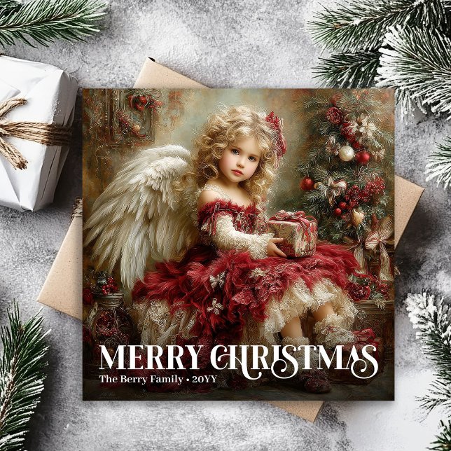 Tarjeta Festiva Classic Angelic Victorian Christmas Card Deep Red (Classic Angelic Victorian Christmas Card in Deep Red)