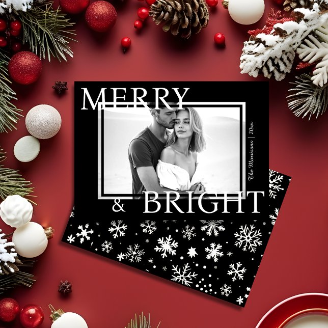 Tarjeta Festiva Classic Black Merry & Bright Bold Snowflake Photo (Classic Black Merry & Bright Bold Snowflake Photo Holiday Card)