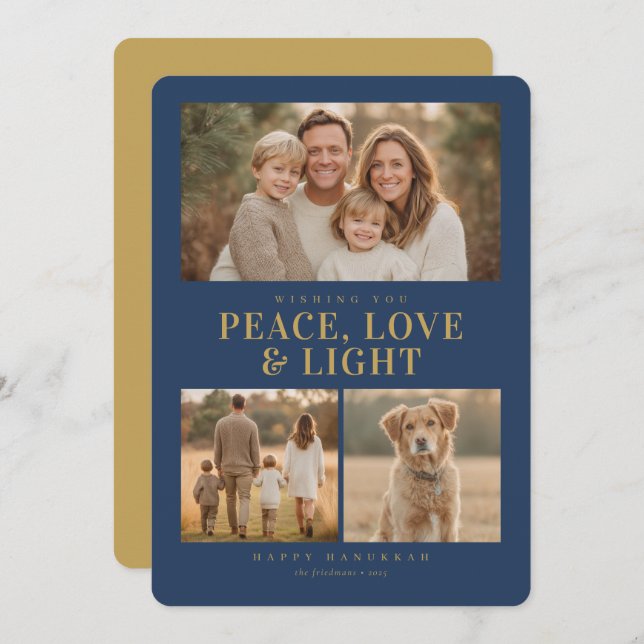 Tarjeta Festiva Classic Blue Hanukkah Peace & Light Photo Collage (Anverso / Reverso)