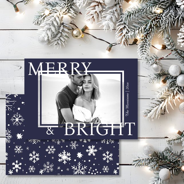 Tarjeta Festiva Classic Blue Merry & Bright Bold Snowflake Photo (Classic Blue Merry & Bright Bold Snowflake Photo Holiday Card)