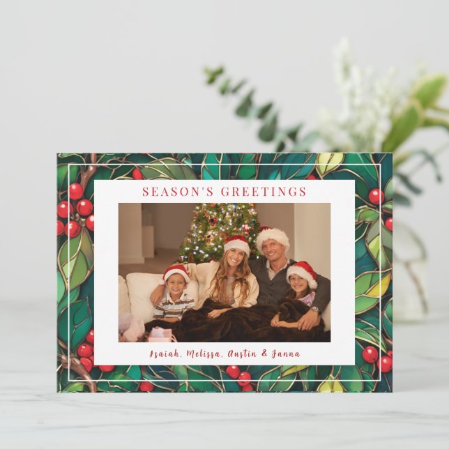 Tarjeta Festiva Classic Christmas Holly Flat Holiday Card (Anverso de pie)