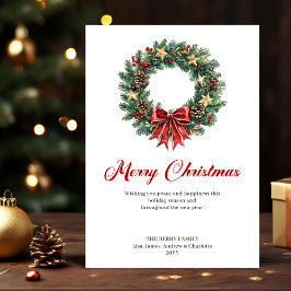 Tarjeta Festiva Classic Christmas Wreath Red Green Holiday Card