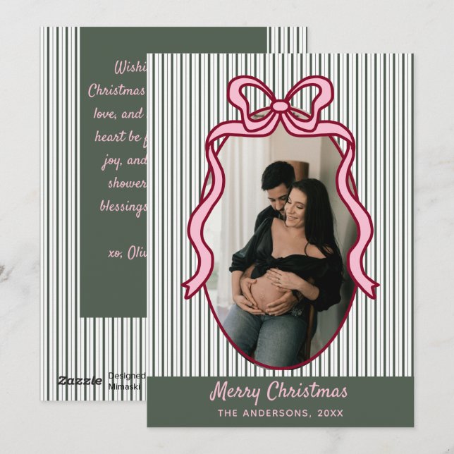 Tarjeta Festiva Classic Dark Green Stripes & Pink Bow Christmas (Anverso / Reverso)