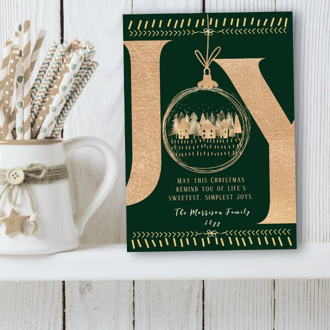 Tarjeta Festiva Classic Festive Touch Simple Green and Gold “JOY”  (Classic Festive Touch Simple Green and Gold “JOY” Holiday Card)