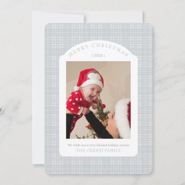 Tarjeta Festiva Classic Gray Plaid Christmas Card (Anverso)