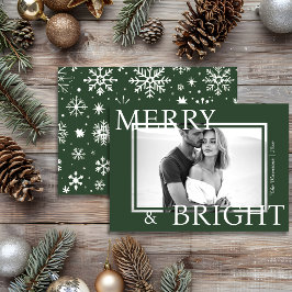 Tarjeta Festiva Classic Green Merry & Bright Bold Snowflake Photo