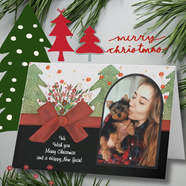 Tarjeta Festiva Classic Green & Red Festive Trees Photo Arch (Classic Green & Red Festive Trees Photo Arch Holiday Card)