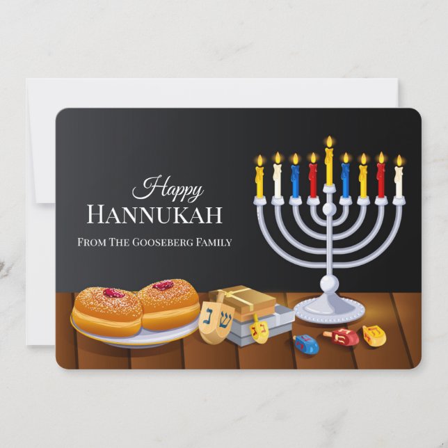 Tarjeta Festiva Classic Happy Hanukkah Menorah Sufganiyot Dreidel (Anverso)