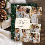 Tarjeta Festiva Classic Happy Holidays Collage Floral Photo<br><div class="desc">Estas hermosas tarjetas de fotografía navideñas tienen cinco plantillas de fotos, una elegante tipografía moderna que dice "Felices Fiestas", y un patrón floral dibujado a mano en la parte posterior con colores clásicos de rojo, verde y marfil sobre un fondo verde oscuro. Fácil de personalizar para hermosas tarjetas de vacaciones...</div>