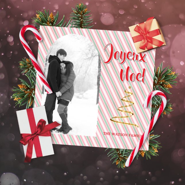 Tarjeta Festiva Classic Joyeux Noel Green Red Stripes Christmas (Classic Christmas photo holiday card to customize)
