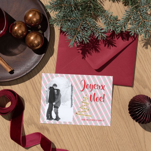 Tarjeta Festiva Classic Joyeux Noel Green Red Stripes Christmas (Spread the joy of the season with this customizable Classic Christmas photo holiday card. )