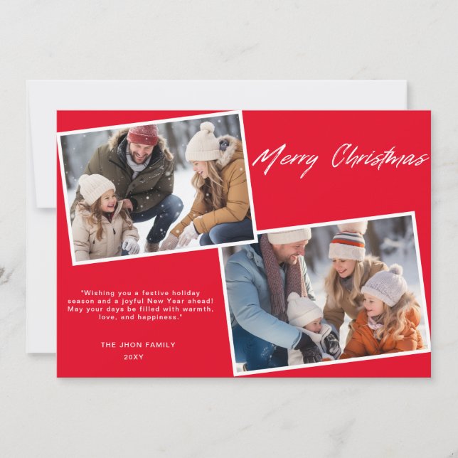 Tarjeta Festiva Classic Merry Christmas Family Two Photo Moda Red (Anverso)