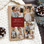 Tarjeta Festiva Classic Merry Christmas Five Photo Flour Back<br><div class="desc">Estas hermosas tarjetas de fotografía navideñas tienen cinco plantillas de fotos, una elegante tipografía moderna que dice "Feliz Navidad" y un patrón floral dibujado a mano en la parte de atrás con colores clásicos de verde profundo, rojo borgoñón y marfil sobre un fondo de arena/beige. Fácil de personalizar para hermosas...</div>