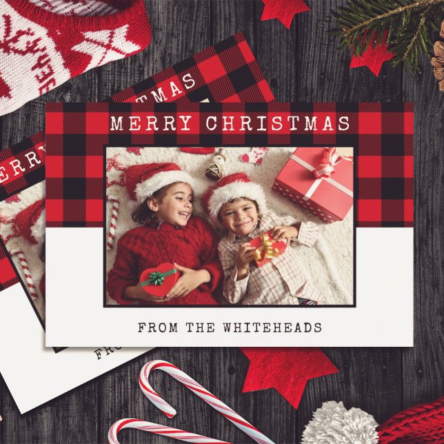 Tarjeta Festiva Classic Merry Christmas Red Buffalo Plaid Photo Ho (Subido por el creador)