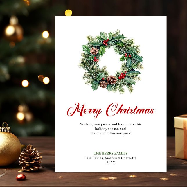 Tarjeta Festiva Classic Pine Wreath Christmas Greeting Holiday  (Classic Pine Wreath Christmas Greeting Holiday Card)