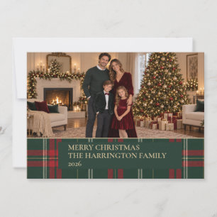 Tarjeta Festiva Classic Plaid Personalized Family Photo Christmas 