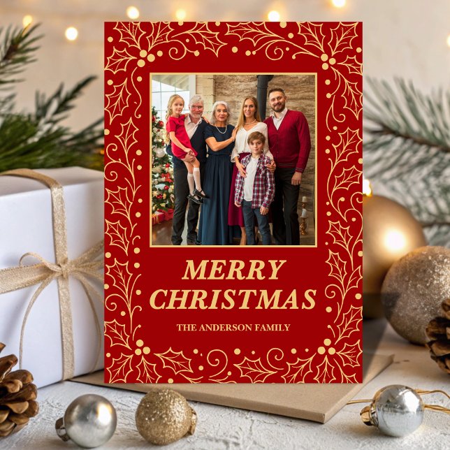 Tarjeta Festiva Classic Red & Antique-Gold Family Photo Christmas (Subido por el creador)