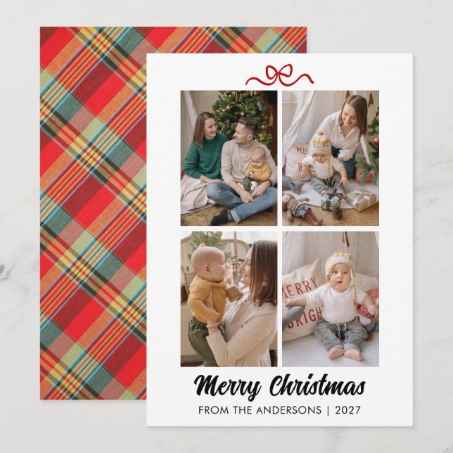 Tarjeta Festiva Classic Red Tartan Plaid Hand Lettered Christmas (Anverso / Reverso)