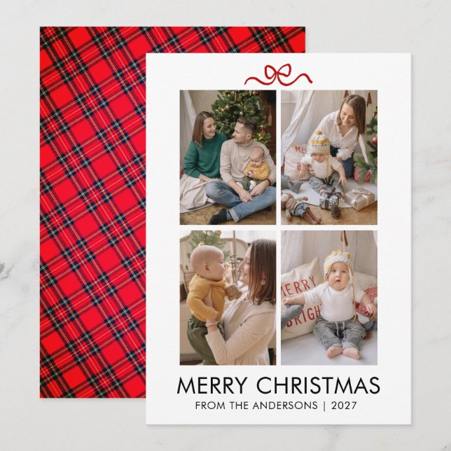 Tarjeta Festiva Classic Red Tartan Plaid Multi Photo Christmas (Anverso / Reverso)