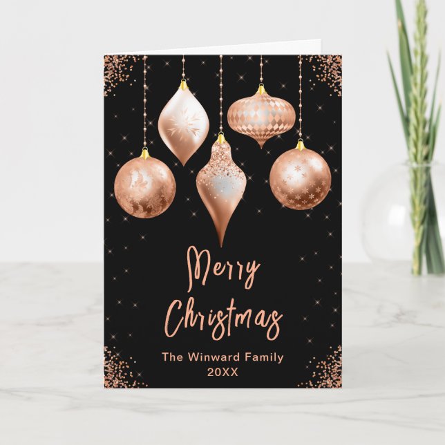 Tarjeta Festiva Classic Rose Gold Ornaments Merry Christmas (Anverso)