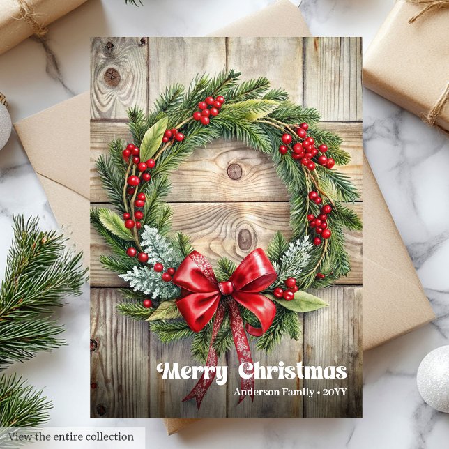 Tarjeta Festiva Classic rustic Christmas pine wreath holly berries (Classic rustic Christmas pine wreath holly berries Holiday Card)