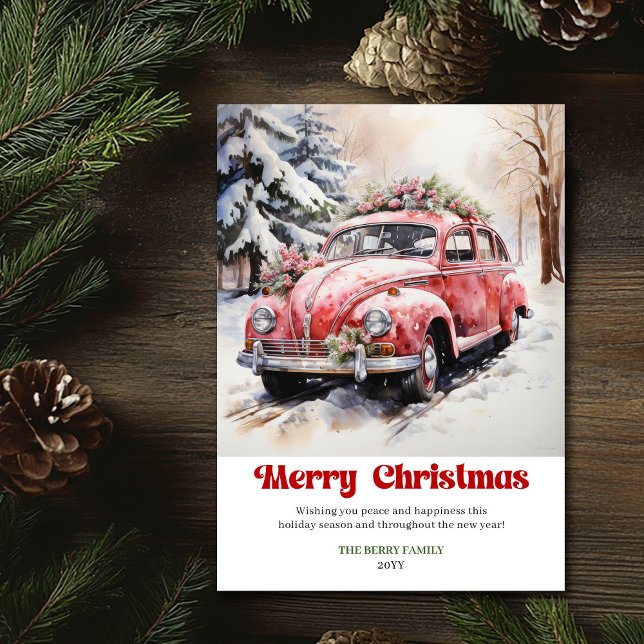 Tarjeta Festiva Classic rustic Christmas scene pink car design (Classic rustic Christmas scene pink car design)