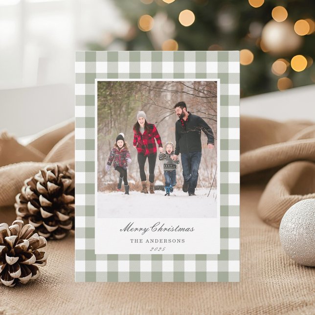 Tarjeta Festiva Classic Sage Gingham Two Sided Family Photo (Subido por el creador)