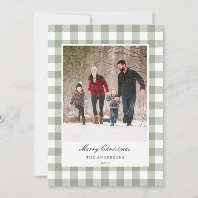 Tarjeta Festiva Classic Sage Gingham Two Sided Family Photo (Anverso)