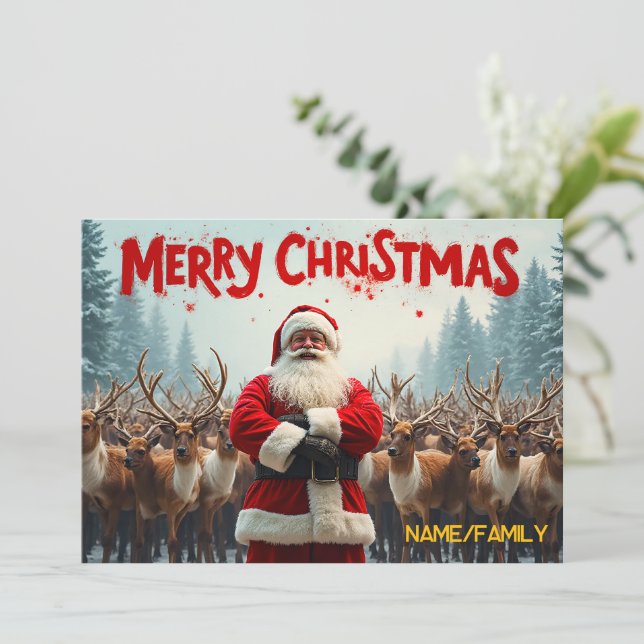 Tarjeta Festiva Classic Santa Claus & Reindeer (Anverso de pie)