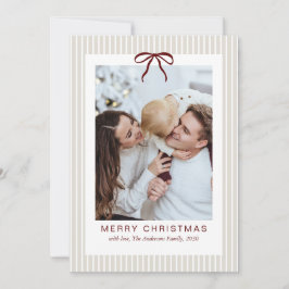 Tarjeta Festiva Classic Stripes Red Bow Frame Christmas Photo 
